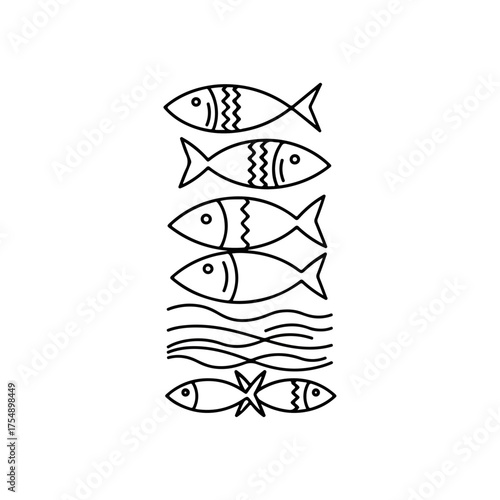 Simple black outline fish icons arranged vertically over water waves.