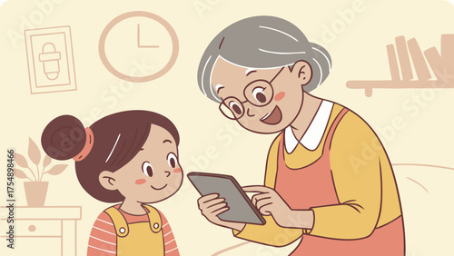 Teen Teaching Grandmother Smartphone Use – Emotional Generational Learning and Love Vector Illustration
