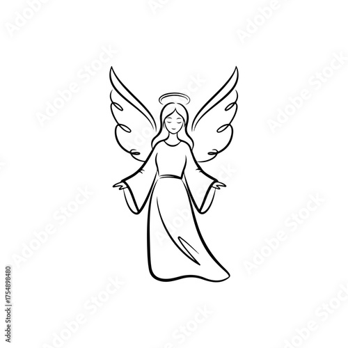 Simple Line Drawing of a Serene Angel with Wings and Halo.