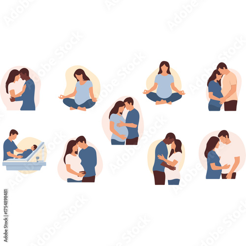 Set of vector illustrations showing diverse couples during the pregnancy journey.