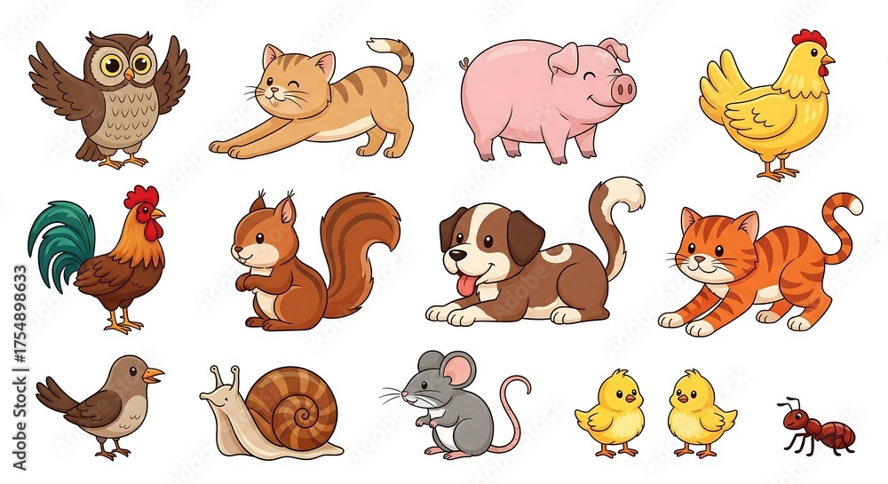 Obraz premium A collection of cartoon animals including an owl, cat, pig, rooster, squirrel, puppy, bird, snail, mouse, chicks, kitten, and ant.