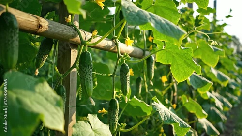 Lush Cucumber Vines Thriving on Rustic Trellis System: A Bountiful Garden Scene in the Summer Sun light, Fresh green background of Cucumbers garden