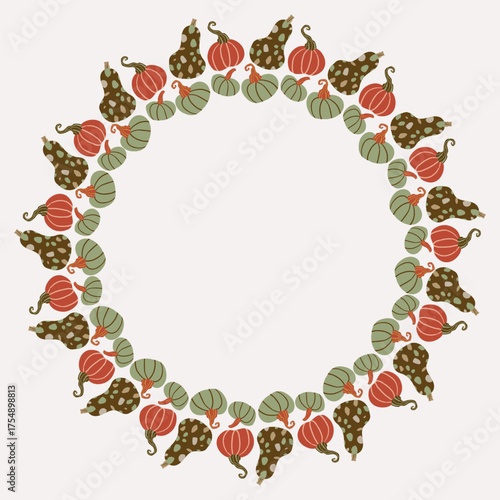 Vector seamless wreath of different pumpkins with leaves on white background, good for design, cards, autumn posters, packaging, Thanksgiving, Halloween.