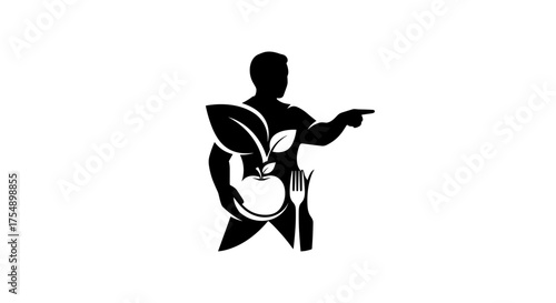 Healthy Lifestyle Coach Logo with Man Pointing to Nutritious Food.