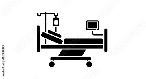 Hospital Bed Glyph Icon with IV Drip and Monitor.