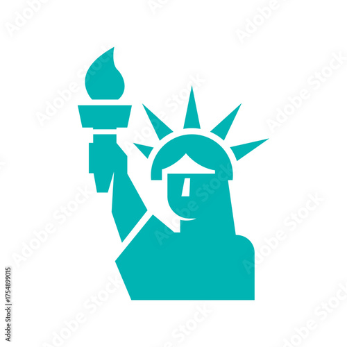 Modern geometric icon of the Statue of Liberty in turquoise, symbol of freedom, New York City, and American culture, minimalist flat design