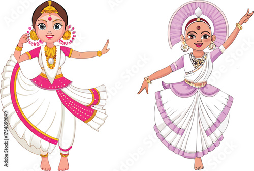 Two cartoon Indian dancers in traditional costumes