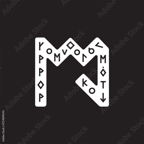 Minimalist runic alphabet maze pattern abstract geometric design white symbol on black