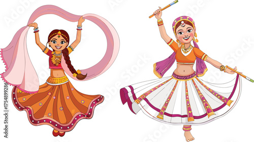 Two cartoon women in traditional Indian dance 