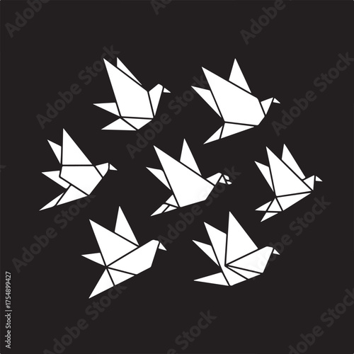 Seven white origami birds in flight formation geometric shapes artistic paper folding creative design
