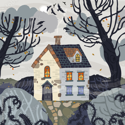 Enchanting vector Halloween House with bushes, trees, moon, fog, crows, autumn leaves. Spooky Autumn Illustration.