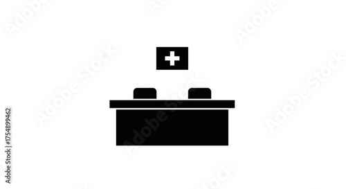 Medical office desk with cross symbol above it.