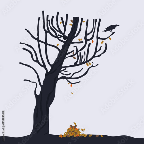 Composition of with a dark tree and a raven sitting on a branch and a pile of autumn leaves on the ground, good for banner, calligraphy poster, greeting card, party invitation.
