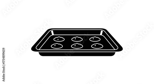Minimalist black icon of a baking sheet with cookies.