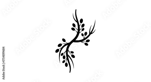 Minimalist black silhouette of a delicate tree branch with small leaves.