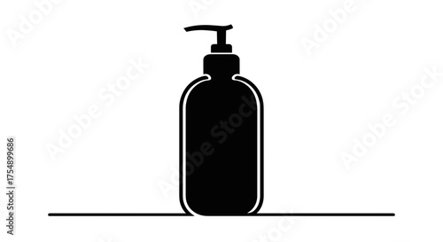Minimalist black silhouette of a liquid soap dispenser bottle.