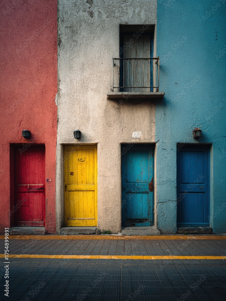 Naklejka premium Colorful Doors Against Textured Wall in Charming Urban Setting with Vibrant Architecture
