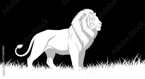 Monochrome Illustration of a Majestic White Lion Standing Proudly.