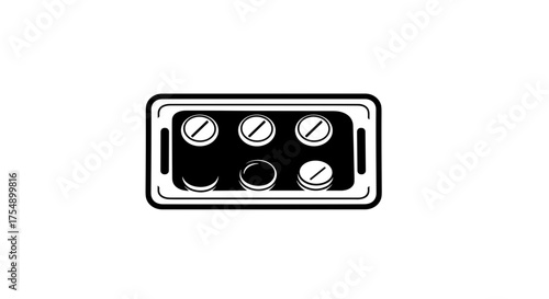Monochrome illustration of a tablet blister pack on white background.