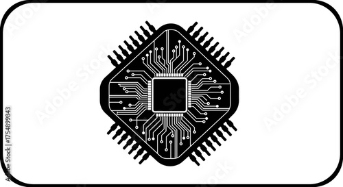 Monochrome vector icon of a computer processor microchip.