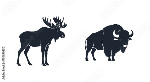 Moose and Bison Silhouette Illustration on White Background.