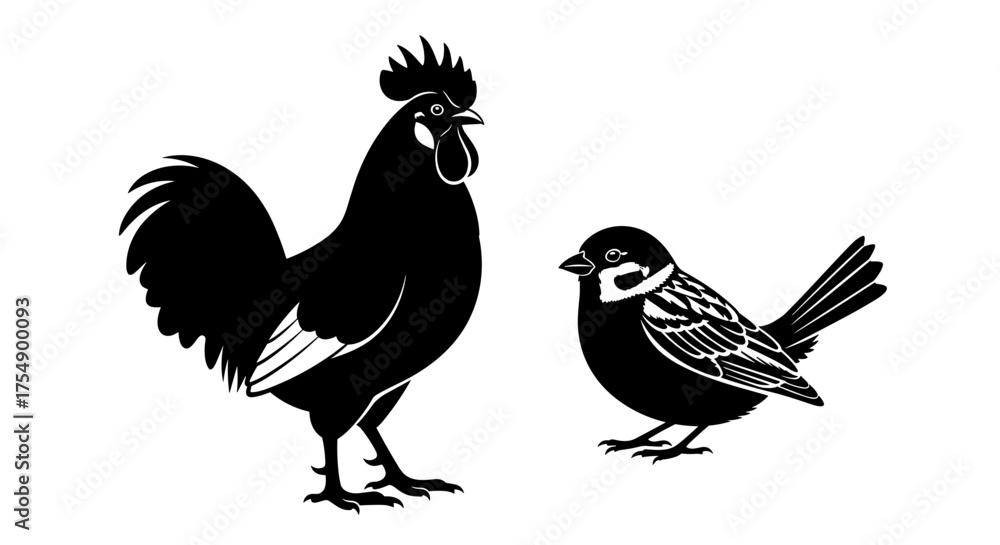 Fototapeta premium Rooster and Sparrow Silhouette Vector Illustration.