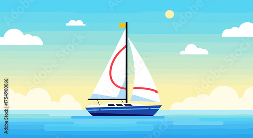 Sailboat cruising on a calm blue ocean under a sunny sky.