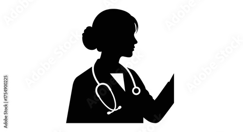 Silhouette of a female doctor with a stethoscope around her neck.
