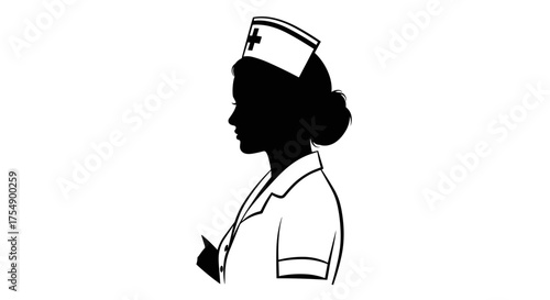 Silhouette of a female nurse in uniform and cap side profile representing healthcare professionals.