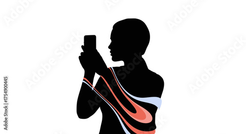 Silhouette of a woman using her smartphone with colorful light projection.