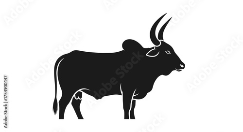 Silhouette of a strong bull standing proudly on white background.