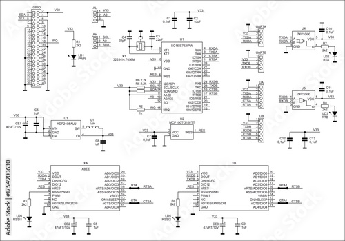 Schematic diagram of electronic device on transparent background.  Vector drawing electrical circuit with microcontroller, led, connector,
resistor, gate of integrated circuit, capacitor, other.