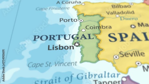 4K macro footage of Portugal on a world map with shallow depth of field. Focus on word Portugal and nearby regions. Travel geography footage