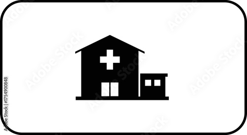 Simple Hospital Building Icon with Cross Symbol.