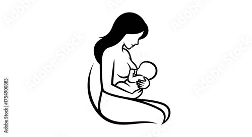 Simple Line Drawing of a Mother Nursing Her Child.