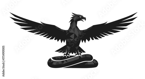 Stylized black bird of prey sculpture on a pedestal.