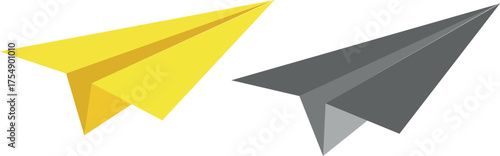 Two colorful paper airplanes one yellow and one gray flying in opposite directions against a white background