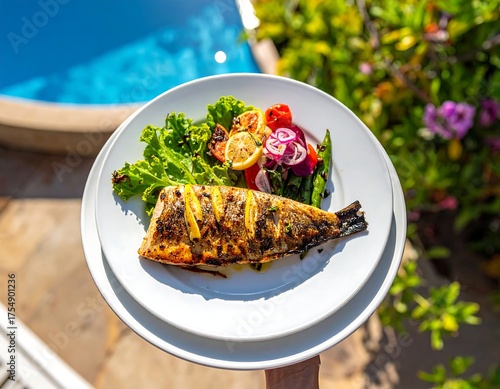 Grilled fish and fresh vegetables on a white plate near a pool