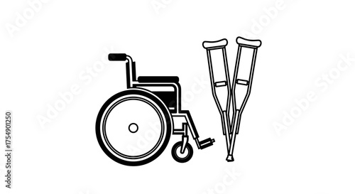 Wheelchair and crutches mobility aid icon.