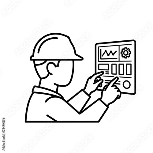 Engineer Using Control Panel Outline – Industrial Automation Operator Line Art Vector