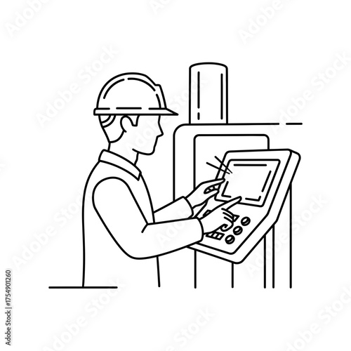 Engineer Using Control Panel Outline – Industrial Automation Operator Line Art Vector