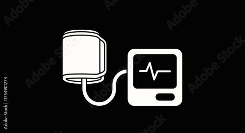 White icon of a blood pressure monitor on a black background.