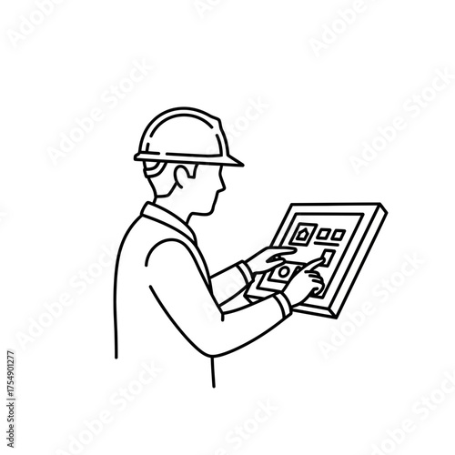 Engineer Using Control Panel Outline – Industrial Automation Operator Line Art Vector