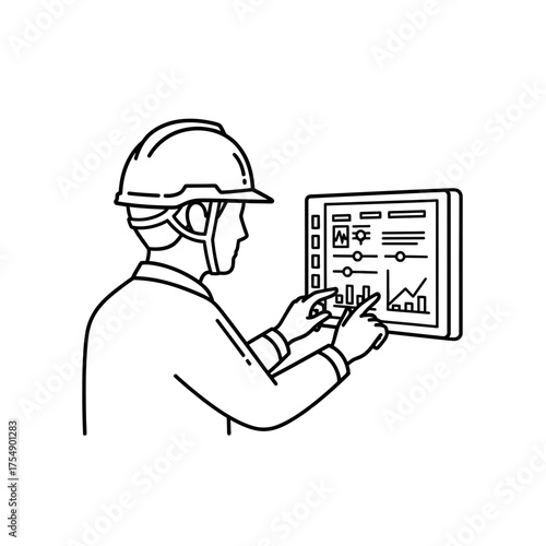 Engineer Using Control Panel Outline – Industrial Automation Operator Line Art Vector