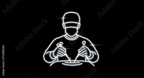 White outline icon of a surgeon performing a medical operation on a black background.