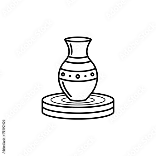 Pottery Wheel Outline Icon – Clay Vase Making Line Art Symbol Vector Illustration