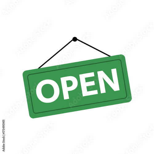 Green Open Sign Icon – Hanging Board Shop Entrance Symbol Vector Illustration