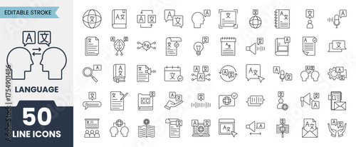Language line icons set with editable stroke. Includes international languages, translation, education, communication, learning, Writing and more. Vector illustration