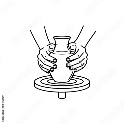 Hands Shaping Clay on Pottery Wheel – Ceramic Crafting Outline Vector Illustration