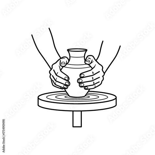 Hands Shaping Clay on Pottery Wheel – Ceramic Crafting Outline Vector Illustration